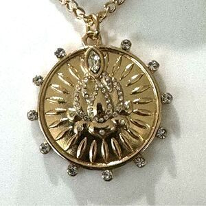 Gold Tone Rhinestone Medallion Lotus Flower Pendant Necklace